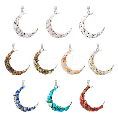 10Pcs Moon Alloy Natural & Synthetic Gemstone Pendants PALLOY-TAC0147-1