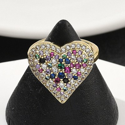 Heart Brass Micro Pave Cubic Zirconia Cuff Rings for Women RJEW-A069-12G-04-1