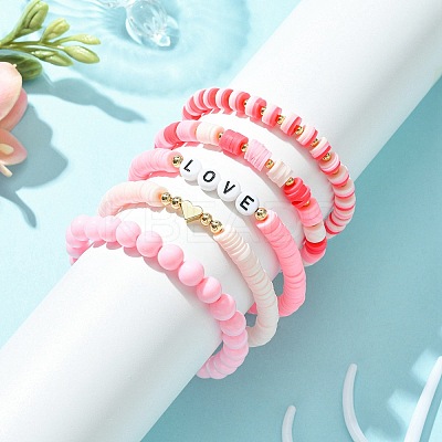 5Pcs 5 Style Word Love Acrylic & Brass Heart & Polymer Clay Disc Beaded Stretch Bracelets Set for Valentine's Day BJEW-TA00314-1