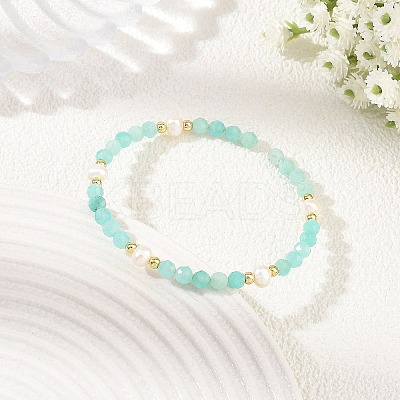 4MM Faceted Round Natural Amazonite and Pearl Beaded Cuff Bangles BJEW-JB14470-1