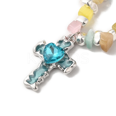 Alloy Glass Cross Pendant Necklace with Cat Eye Chips Beaded Chains LS-NJEW-Q001-02P-1