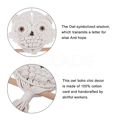 Owl Cotton Rope & Wood Beads Wind Chime Pendant HJEW-CF0001-05-1