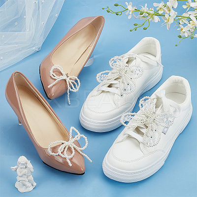 2 Pairs 2 Styles Bowknot ABS Imitation Pearl Shoe Lace Decorations DIY-FG0006-57-1