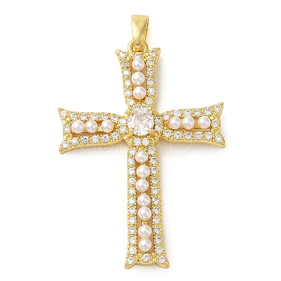 Rack Plating Brass Micro Pave Cubic Zirconia Pendants and ABS Imitation Pearl KK-H476-04G-RS-1