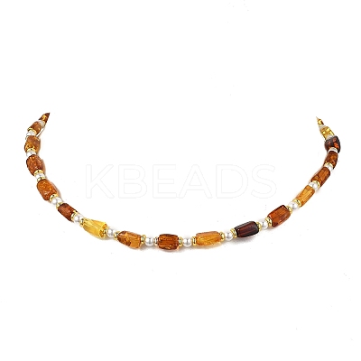 Rectangle Natural Amber and Round White Shell Pearl Beaded Necklaces NJEW-JN05645-1