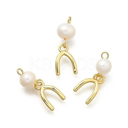 Brass & Natural Pearl U Shaped Pendants KK-Z093-38G-1