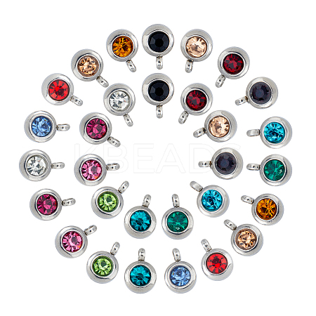 30Pcs 15 Colors Trendy Original Color 304 Stainless Steel Grade A Rhinestone Flat Round Charm Pendants RB-HY0001-04-1