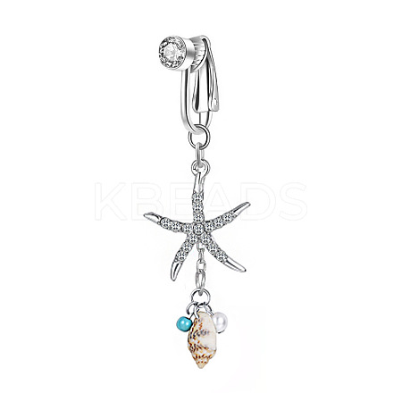 304 Stainless Steel Pave Cubic Zirconia & Plastic Pearl & Natural Shell Starfish Dangle Clip on Belly Rings FS-WG69EA3-01-1