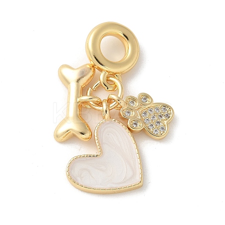 Brass Micro Pave Clear Cubic Zirconia Paw Print Bone Heart European Dangle Charms KK-P292-10G-1