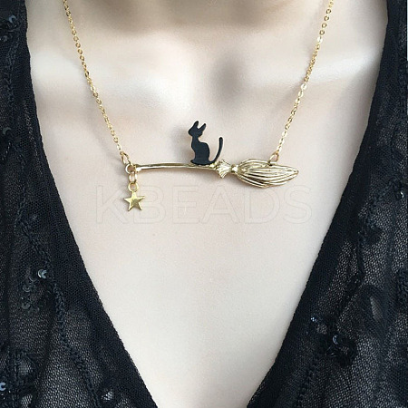 Halloween Alloy Black Cat with Broom Pendant Necklaces for Women FS-WGACF10-02-1