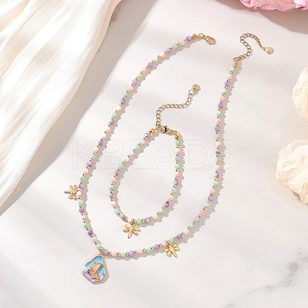 Natural Shell Bead & 304 Stainless Steel Dragonfly & 
Alloy Enamel Teardrop with Butterfly Pattern Pendant Necklace & Charm Bracelets Sets SJEW-JS01376-1