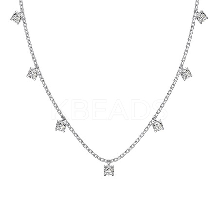 Rhodium Plated 925 Sterling Silver Pave Clear Cubic Zirconia Square Tassel Necklaces NJEW-Q342-07P-1