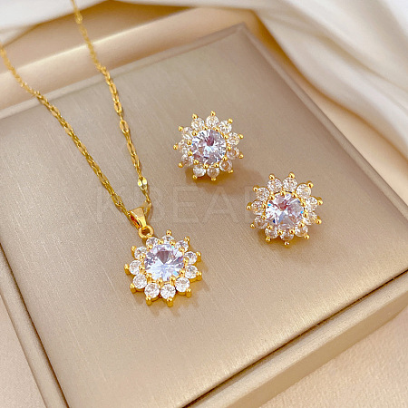 Brass Micro Pave Cubic Zirconia Pendant Necklace & Stud Earrings WG7AC39-24-1
