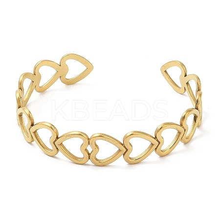 Ion Plating(IP) 304 Stainless Steel Heart Open Cuff Bangle for Women BJEW-L682-001G-1