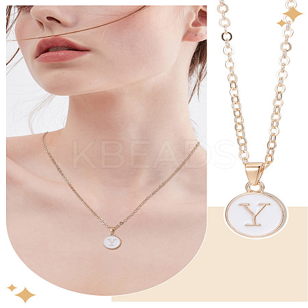 1Pc Zinc Alloy White Enamel Round with Letter Pendant Necklaces NJEW-LP0002-88G-Y-1