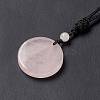 Natural Rose Quartz Flat Round with Flower of Life Pendant Necklace with Nylon Cord for Women NJEW-P274-02-06-5
