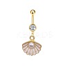 304 Stainless Steel Pave Clear Cubic Zirconia Enamel & Plastic Pearl Shell Shape Curved Barbell Dangle Belly Rings FS-WG01A3A-09-1