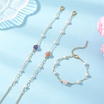 Round Natural Gemstone & Shell Pearl Beads Link Bracelets BJEW-JB12812-1