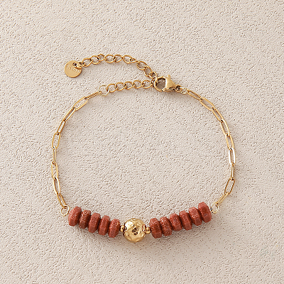 Synthetic Goldstone Hexagon Heishi Beads & 304 Stainless Steel Paperclip Chain Bracelets for Women SG1071-1-1