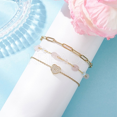 304 Stainless Steel Heart & Natural Morganite Nuggets Link Chain 3 Layer Stackable Necklaces BJEW-JB12459-03-1