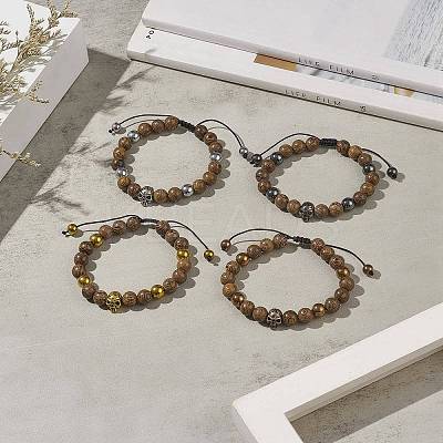 4Pcs 4 Color Natural Wood & Alloy Skull & Synthetic Hematite Braided Bead Bracelets Set BJEW-JB09214-1