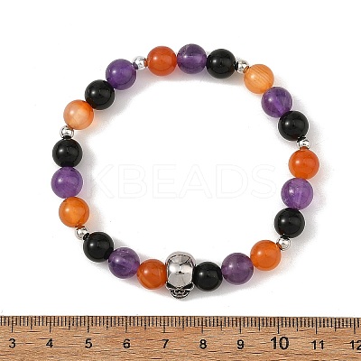 Halloween Natural Black Onyx(Dyed & Heated) & Amethyst & Carnelian Round Beaded Stretch Bracelets for Women BJEW-TA00767-1