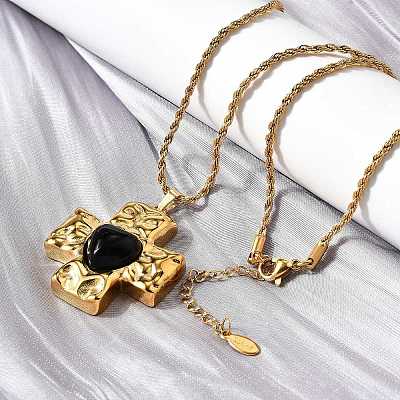 Cross with Heart 304 Stainless Steel Cubic Zirconia Pendant Necklaces NJEW-H070-01G-02-1