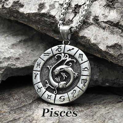 Flat Round with Engraved Twelve Constellation Alloy Pendant Necklace for Women Men WG25F4B-09-1