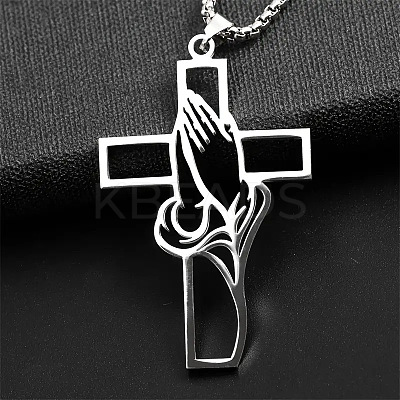 Hollow Cut Cross with Praying Hand 201 Stainless Steel Pendant Necklaces for Men FS-WG70CE0-01-1