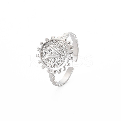 Non-Tarnish 304 Stainless Steel Flat Round with Initial Letter Open Cuff Ring for Men Women RJEW-S405-246P-V-1
