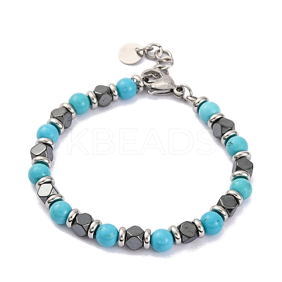 Synthetic Turquoise & Synthetic Hematite Round Beaded Bracelet BJEW-P339-02P-10-1