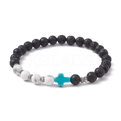 Cross Synthetic Turquoise & Natural Howlite & Lava Rock Beaded Stretch Bracelet BJEW-JB09765-02-1