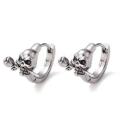 316 Stainless Steel Skull with Rose Hoop Earrings for Men Women EJEW-C045-01-1