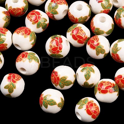 Floral Printed Porcelain Beads PORC-Q199-10mm-15-1