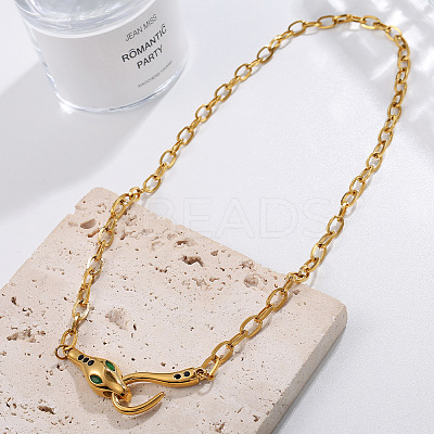 304 Stainless Steel Pave Green Cubic Zirconia Snake Pendant Necklaces for Women WGE46FD-01-1