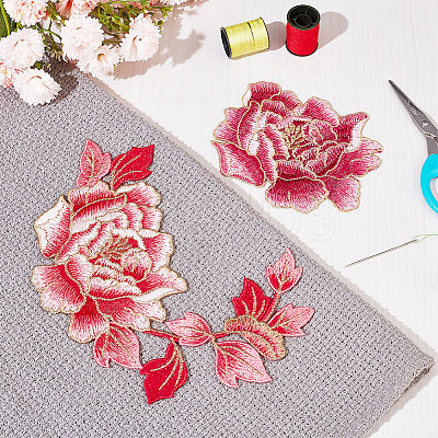 2Pcs 2 Style Peony Polyester Embroidery Sew on Clothing Patches PATC-NB0001-11D-1