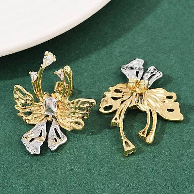 Brass Micro Pave Clear Cubic Zirconia Bowknot Stud Earrings EJEW-P323-01G-1