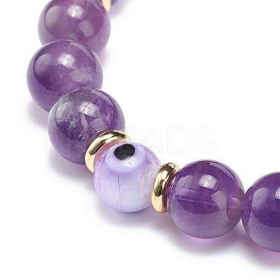 Natural Amethyst & Lampwork Evil Eye Round Beaded Stretch Bracelet BJEW-JB08713-06-1