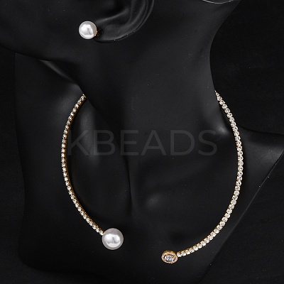 Round Plastic Imitation Pearl Stud Earrings & Cubic Zirconia and Rhinestone Cuff Choker Necklaces Sets SJEW-U003-03G-1