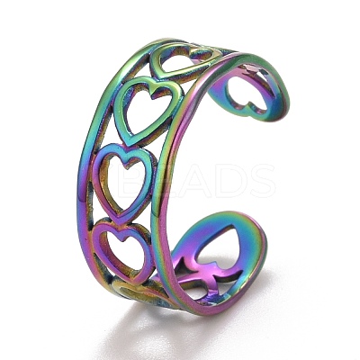 Rainbow Color Ion Plating(IP) 304 Stainless Steel Heart Wrap Open Cuff Ring for Women RJEW-A005-09-1