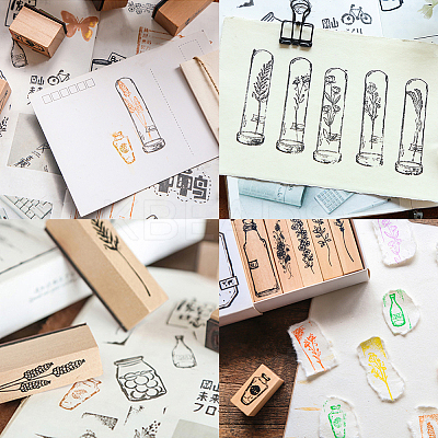 Plants and Flowers Style Wooden Rubber Stamps DIY-GF0001-30-1