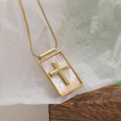 Brass with Natural Shell Rectangle Pendant Necklaces WG6A025-02-1