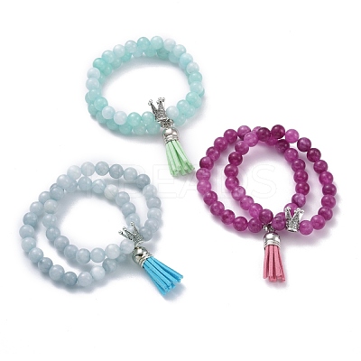 Dyed Natural Chalcedony Round Beads Stretch Bracelets Set for Girl Women BJEW-JB07058-1