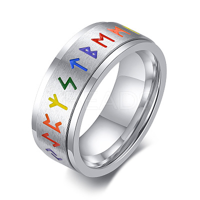 Rainbow Color Pride Flag Rune Words Odin Norse Viking Amulet Enamel Rotating Ring RABO-PW0001-037C-1