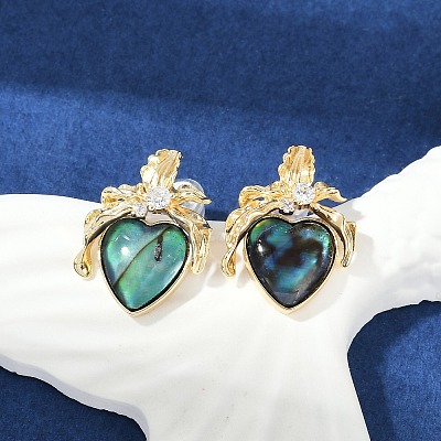 Heart Brass Abalone Shell & Clear Cubic Zirconia Stud Earrings KK-D301-09G-1