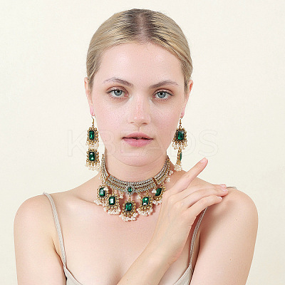 Rectangle Alloy Glass Choker Necklace & Earrings Sets for Women FS-WG507E8-03-1