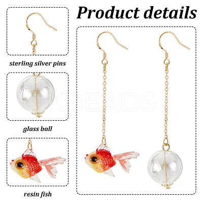 2 Pairs 2 Colors Resin Fish & Glass Ball Asymmetrical Earrings EJEW-AN0002-32-1
