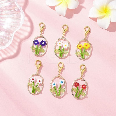 6Pcs Oval with Flower Glass Seed Bead & Lampwork & Alloy Pendant Decoraitons HJEW-MZ00351-1
