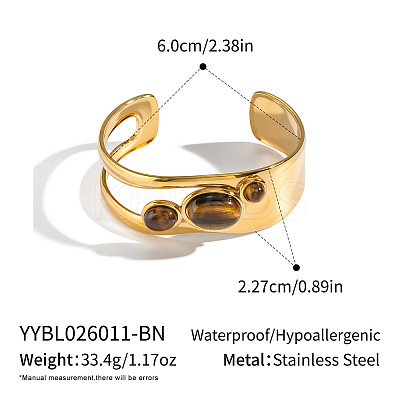 Natural Tiger Eye Oval 304 Stainless Steel Hollow Open Cuff Bangles for Women RV6494-1-1
