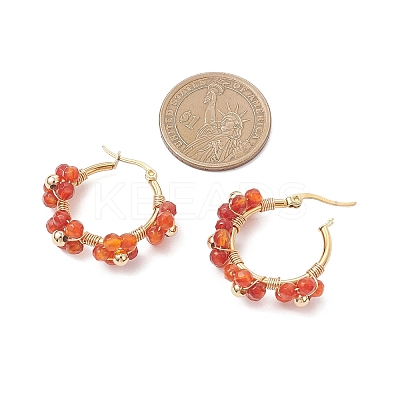 Flower Brass & Natural Carnelian Hoop Earrings EJEW-TA00781-01-1